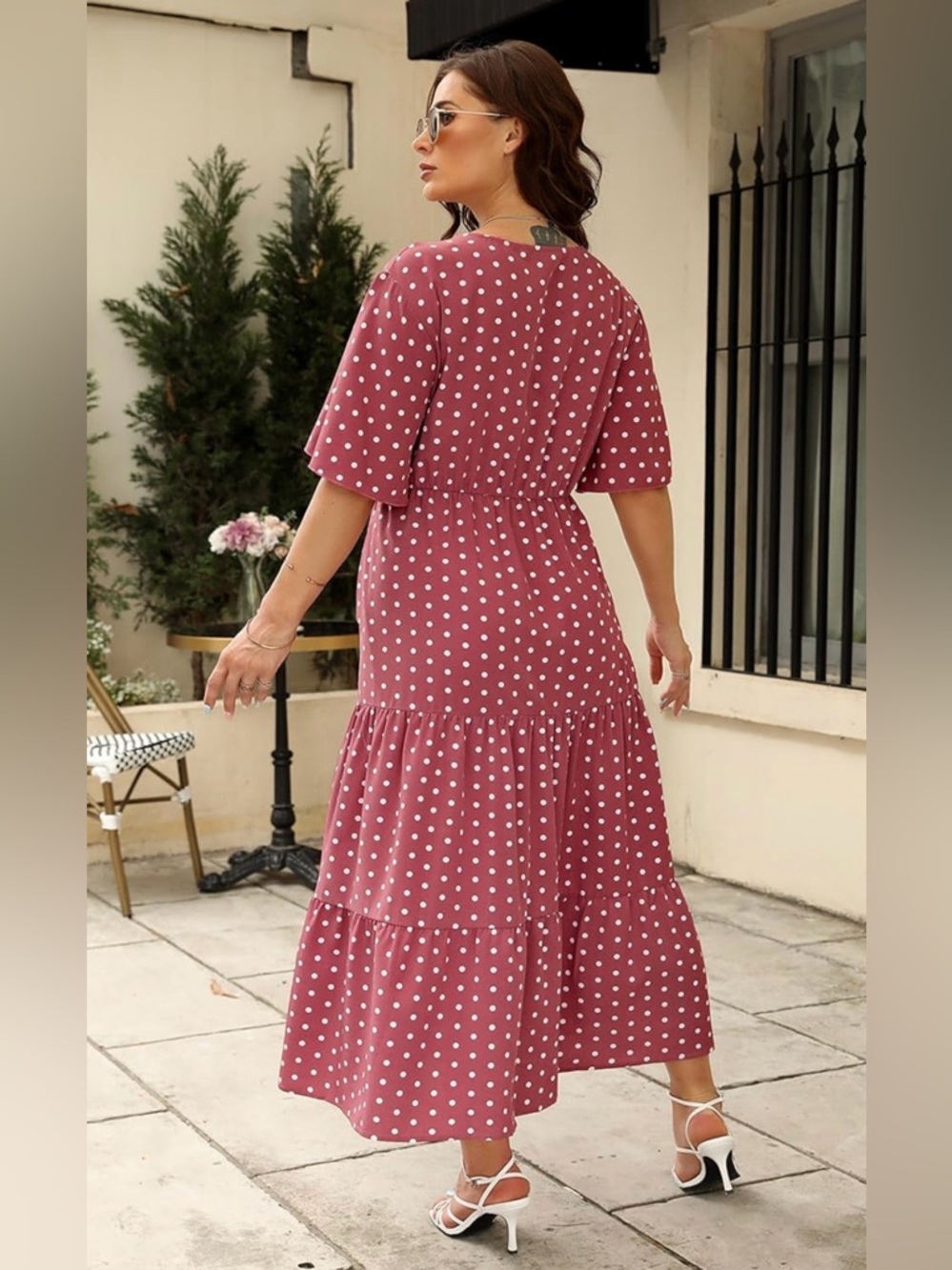 Polka Dot V-Neck Midi Dress in Dusty Rose - Picture 9 of 9